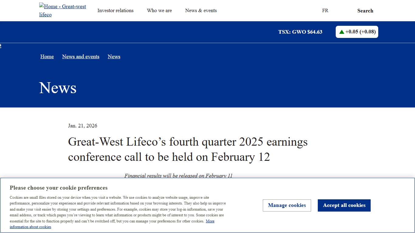 Great-West Lifeco’s fourth quarter 2025 earnings conference call to be held on February 12